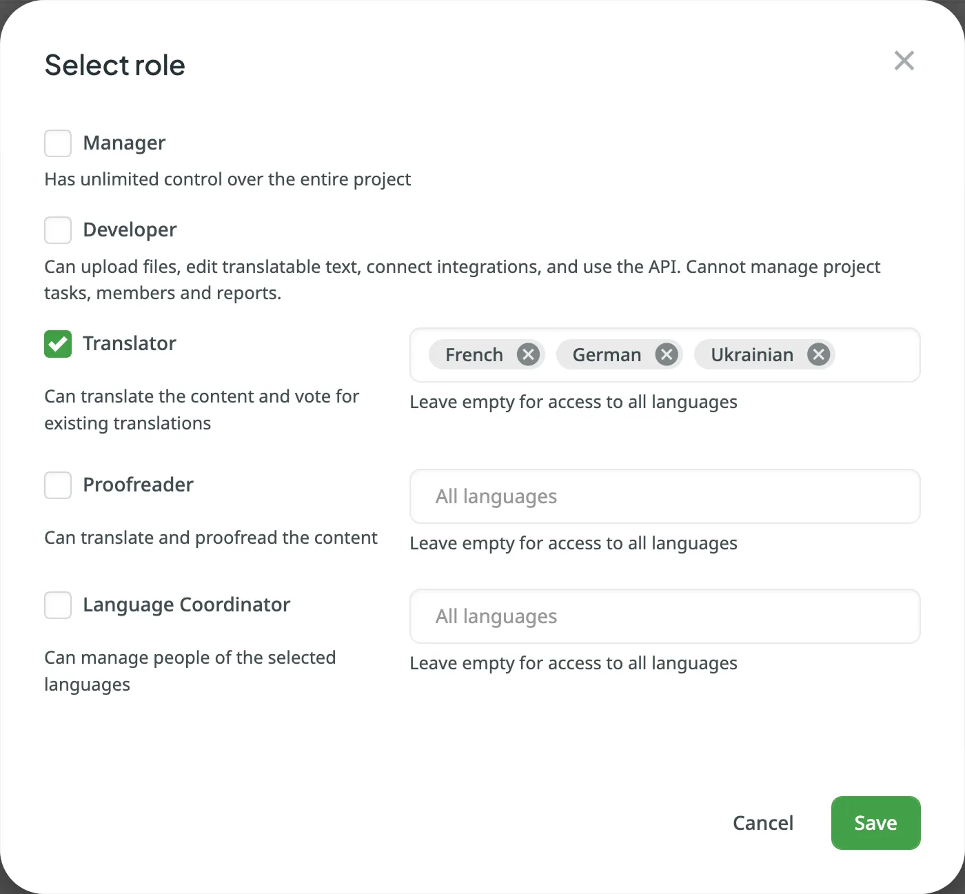 Select role dialog